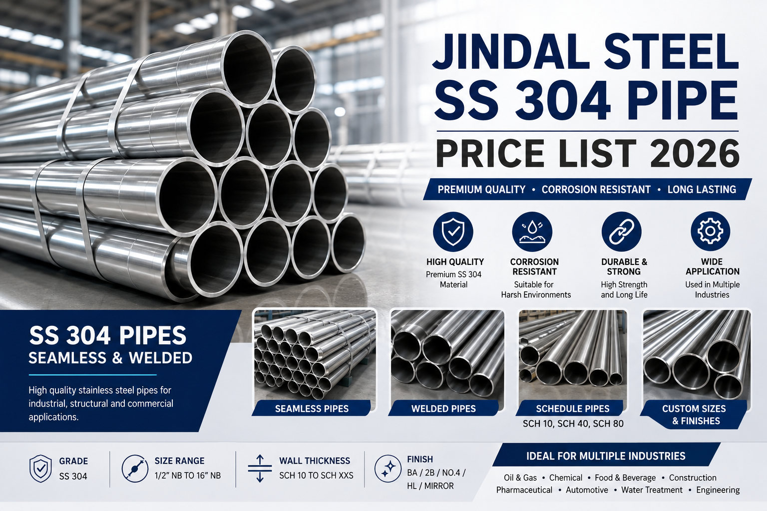 Jindal Steel SS 304 Pipe Price List 2026
